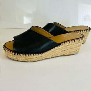 Franco Sarto Slip On Open Toe Mule Wedge Sandals Black Leather Women's Size 6